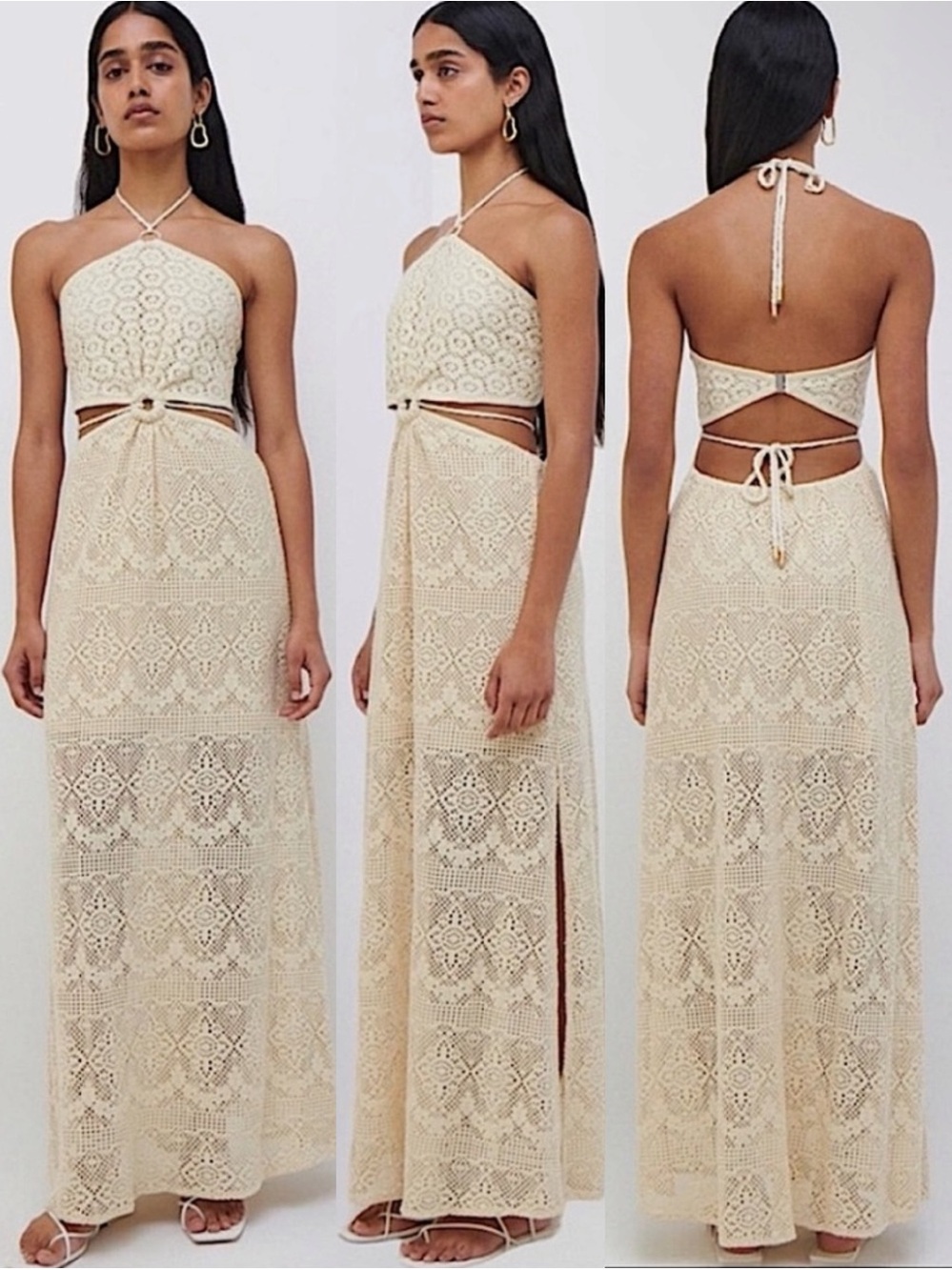 NWT Jonathan Simkhai Georgiana Crochet Maxi Dress M Ceramic Cream Tan Boho